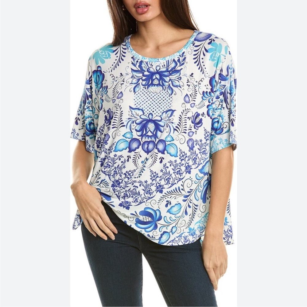 Johnny Was White Floral-Print Relaxed Tee in Blue Tones